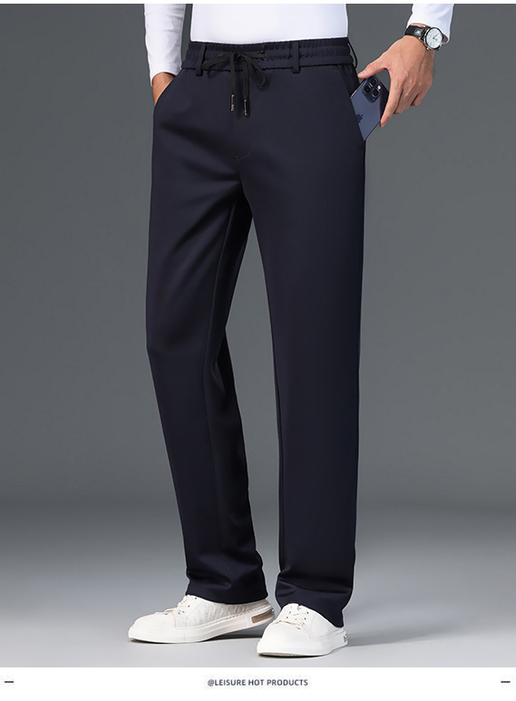 Férfi fleece-lével bélelt, egyenes szabású üzleti-casual nadrág, középső derekú, övvel és kötőzárral záródó, téli 2025