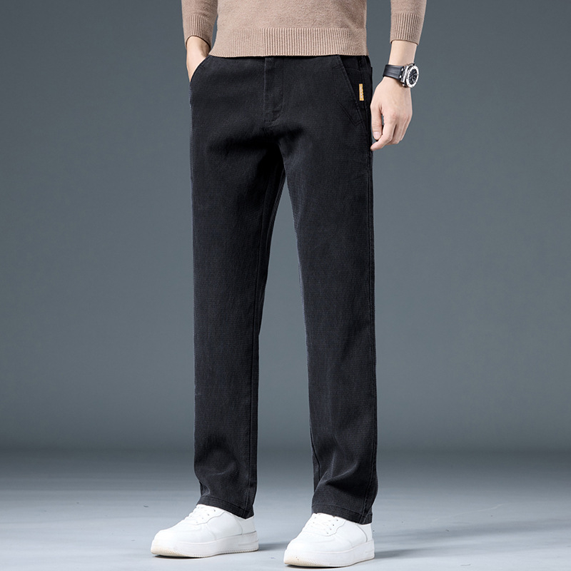 Férfi üzleti casual, egyenes szabású nadrág, lyocell-keverék anyagú fleece bélésével (67% lyocell, 31% poliészter, 2% spandex), középmagas Derék, mikro-elasztikusság, elől cipzárral záródó