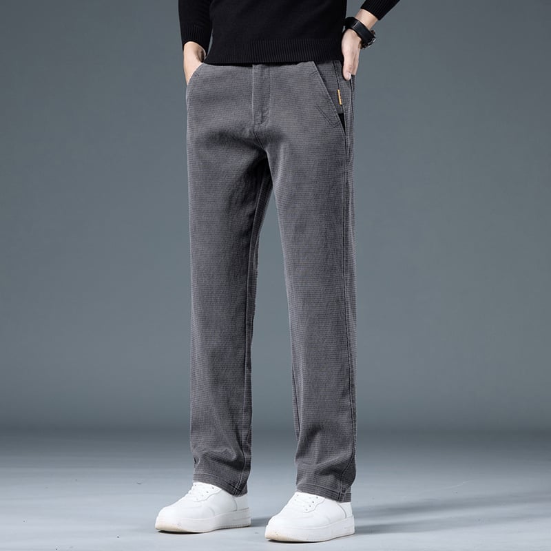 Férfi üzleti casual, egyenes szabású nadrág, lyocell-keverék anyagú fleece bélésével (67% lyocell, 31% poliészter, 2% spandex), középmagas Derék, mikro-elasztikusság, elől cipzárral záródó