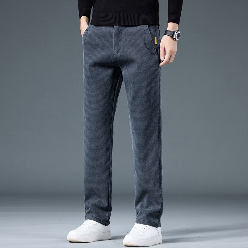 Férfi üzleti casual, egyenes szabású nadrág, lyocell-keverék anyagú fleece bélésével (67% lyocell, 31% poliészter, 2% spandex), középmagas Derék, mikro-elasztikusság, elől cipzárral záródó