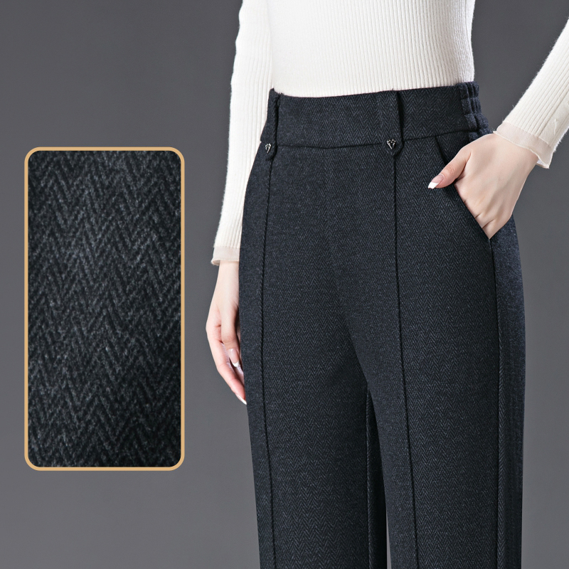 Vunene hlače s visokim strukom, duljina pet četvrtina, debeli materijal, široke nogavice, uredski stil