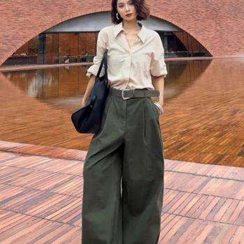 Γυναικεία παντελόνια cargo με φαρδιά πόδια, χωρίς ζώνη, μάλλινο ύφασμα, μήκος έως το έδαφος, τσέπες