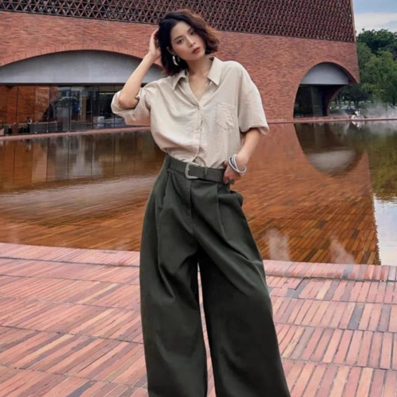 Γυναικεία παντελόνια cargo με φαρδιά πόδια, χωρίς ζώνη, μάλλινο ύφασμα, μήκος έως το έδαφος, τσέπες