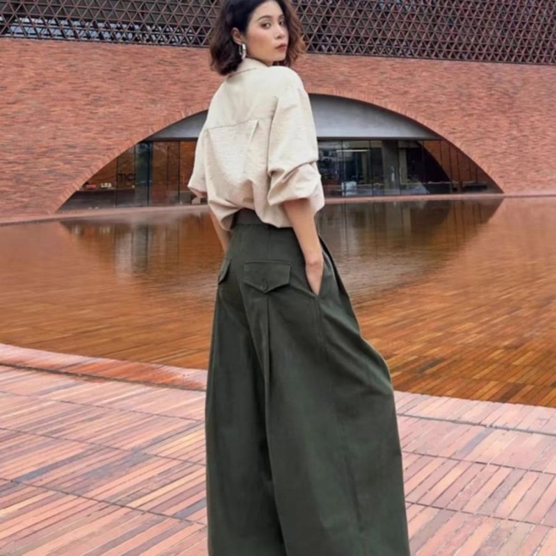 Γυναικεία παντελόνια cargo με φαρδιά πόδια, χωρίς ζώνη, μάλλινο ύφασμα, μήκος έως το έδαφος, τσέπες