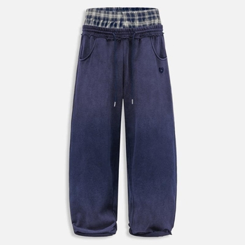 Γυναικείοι καθημερινοί παντελόνες ίσιας γραμμής, πλυμένο καρό με patchwork, χαμηλή μέση, μίγμα πολυεστέρα-βαμβακιού (50–70% πολυεστέρα, 30–50% βαμβάκι)