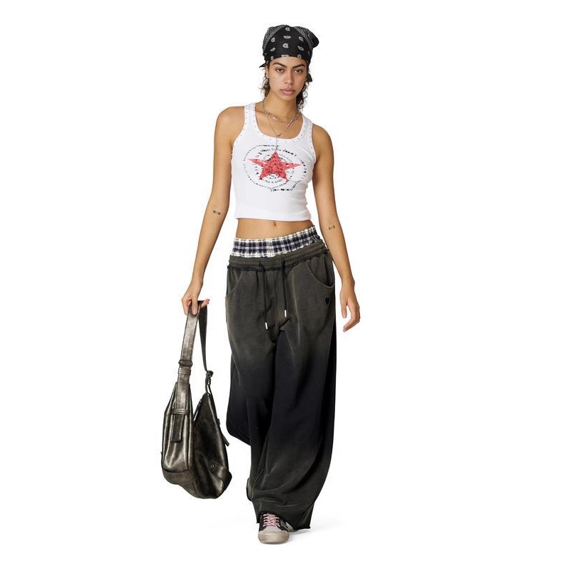 Γυναικείοι καθημερινοί παντελόνες ίσιας γραμμής, πλυμένο καρό με patchwork, χαμηλή μέση, μίγμα πολυεστέρα-βαμβακιού (50–70% πολυεστέρα, 30–50% βαμβάκι)