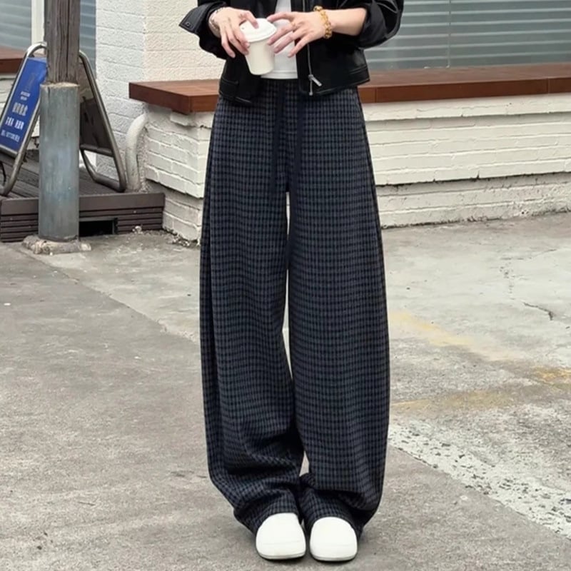 Női denim nadrág fleece béléssel, kockás mintával, magas derékkal, széles szabású