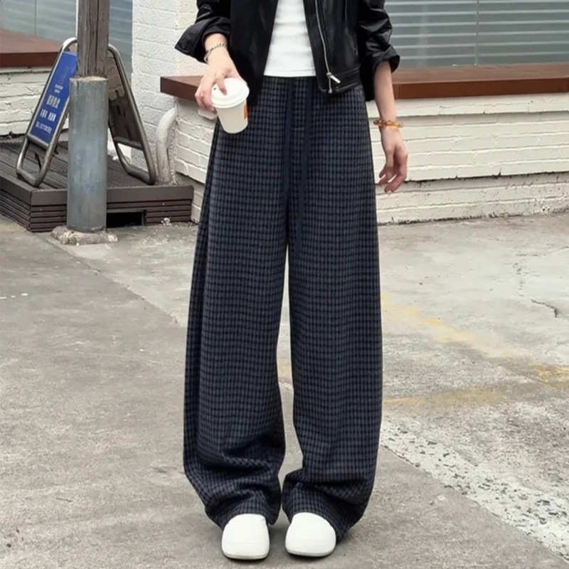 Női denim nadrág fleece béléssel, kockás mintával, magas derékkal, széles szabású