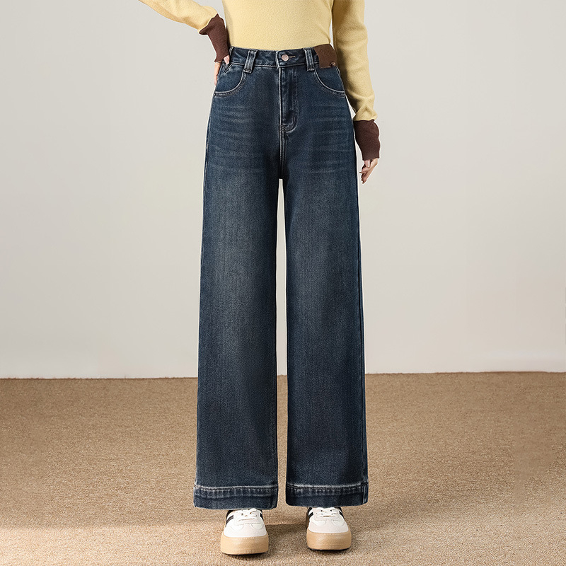 Női fleece-béléssel ellátott széles lábú farmer, magas derék, vast, mikro-elasztikus, tél 2025