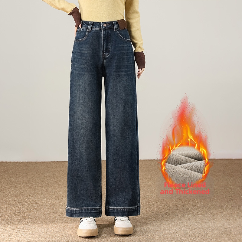 Női fleece-béléssel ellátott széles lábú farmer, magas derék, vast, mikro-elasztikus, tél 2025