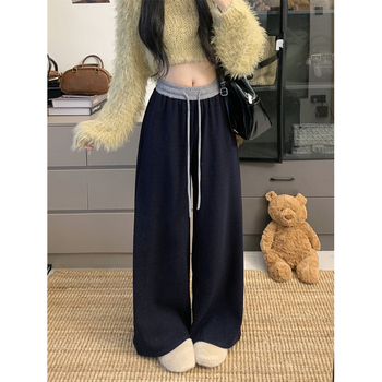 Ženske hlače s blok boja, elastičan pojas s vezicom, široka silueta, casual za jesen-zimu, poliester