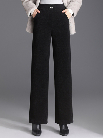 Pantaloni de iarnă cu căptușeală fleece pentru mame, croială dreaptă, microelastic, poliester 80–90%, lungime 9/10, stil elegant pentru navetă