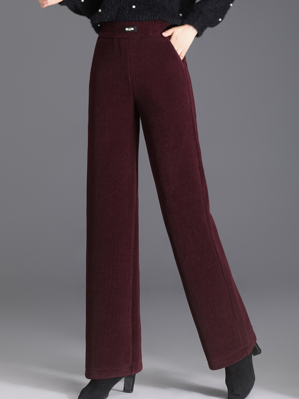 Pantaloni de iarnă cu căptușeală fleece pentru mame, croială dreaptă, microelastic, poliester 80–90%, lungime 9/10, stil elegant pentru navetă