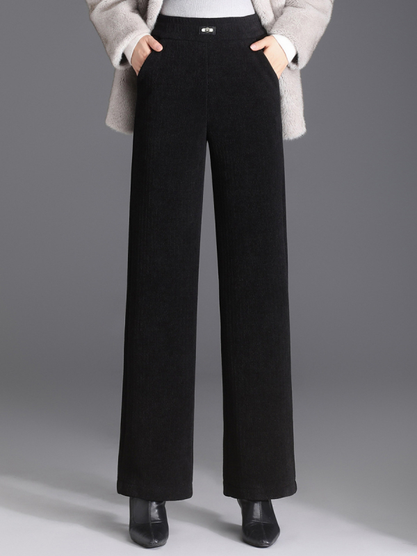 Pantaloni de iarnă cu căptușeală fleece pentru mame, croială dreaptă, microelastic, poliester 80–90%, lungime 9/10, stil elegant pentru navetă