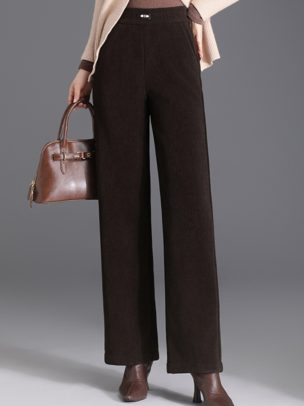 Pantaloni de iarnă cu căptușeală fleece pentru mame, croială dreaptă, microelastic, poliester 80–90%, lungime 9/10, stil elegant pentru navetă