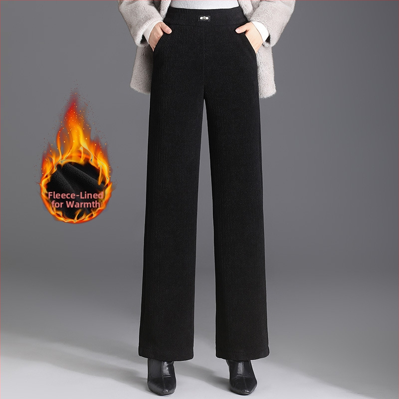 Pantaloni de iarnă cu căptușeală fleece pentru mame, croială dreaptă, microelastic, poliester 80–90%, lungime 9/10, stil elegant pentru navetă