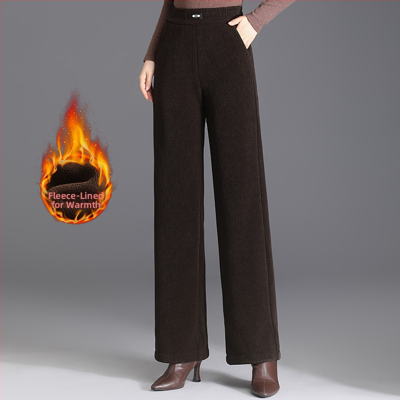 Pantaloni de iarnă cu căptușeală fleece pentru mame, croială dreaptă, microelastic, poliester 80–90%, lungime 9/10, stil elegant pentru navetă