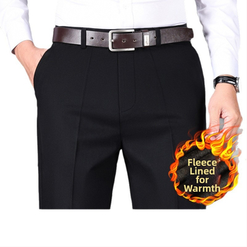 Férfi üzleti-kényelmes pamut nadrág, laza szabás, magas derék, cipzáras zárás, több zseb, téli vastag anyag