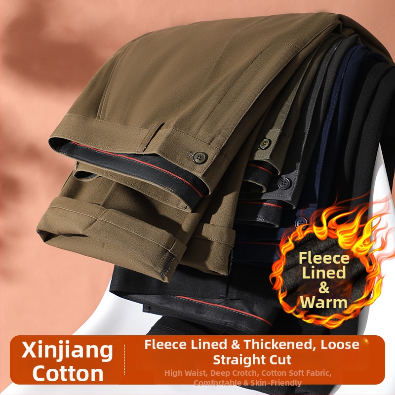 Férfi üzleti-kényelmes pamut nadrág, laza szabás, magas derék, cipzáras zárás, több zseb, téli vastag anyag