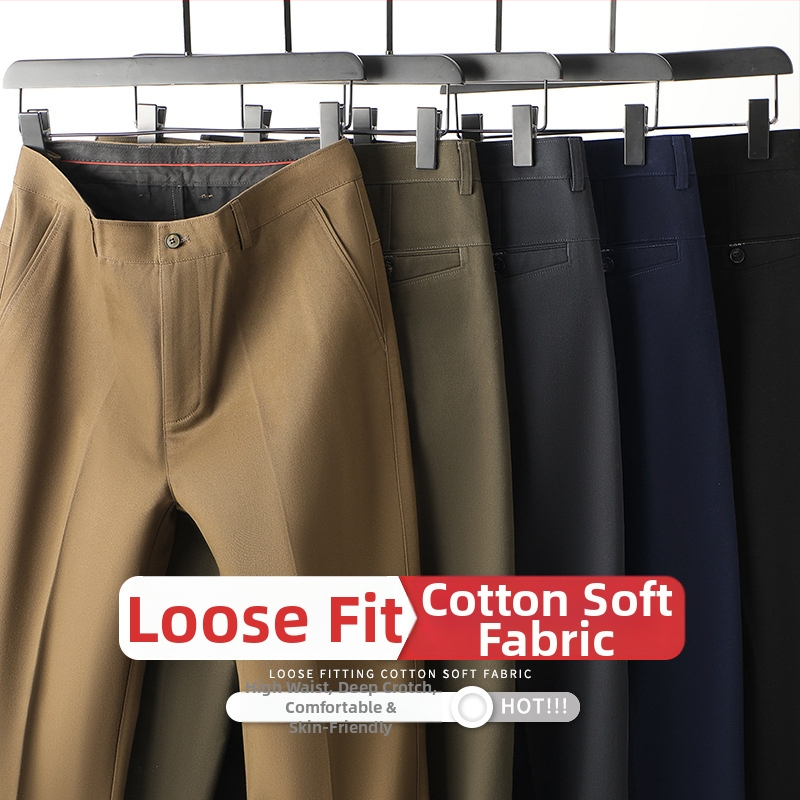 Férfi üzleti-kényelmes pamut nadrág, laza szabás, magas derék, cipzáras zárás, több zseb, téli vastag anyag