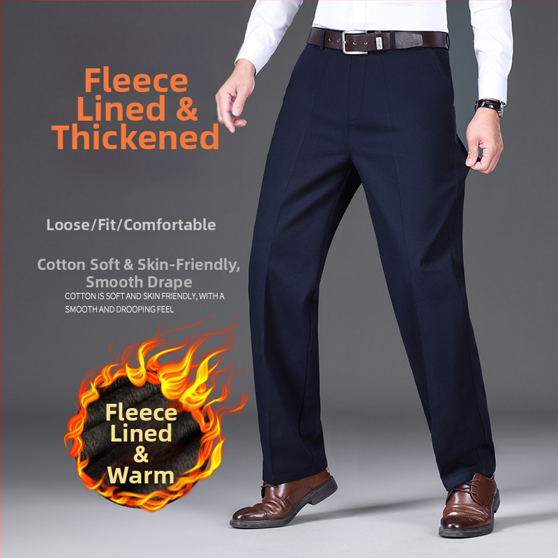 Férfi üzleti-kényelmes pamut nadrág, laza szabás, magas derék, cipzáras zárás, több zseb, téli vastag anyag