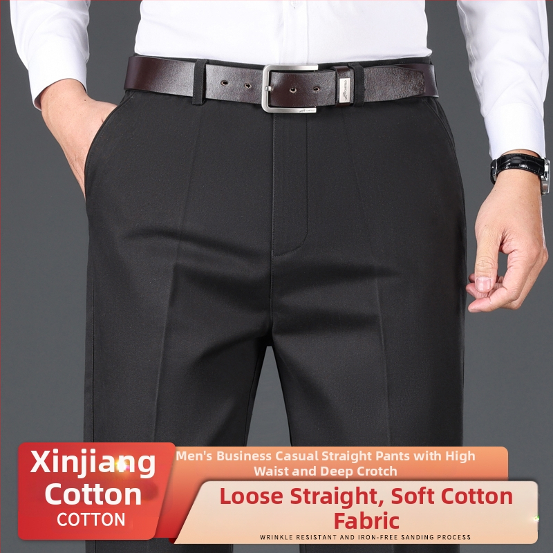 Férfi üzleti-kényelmes pamut nadrág, laza szabás, magas derék, cipzáras zárás, több zseb, téli vastag anyag
