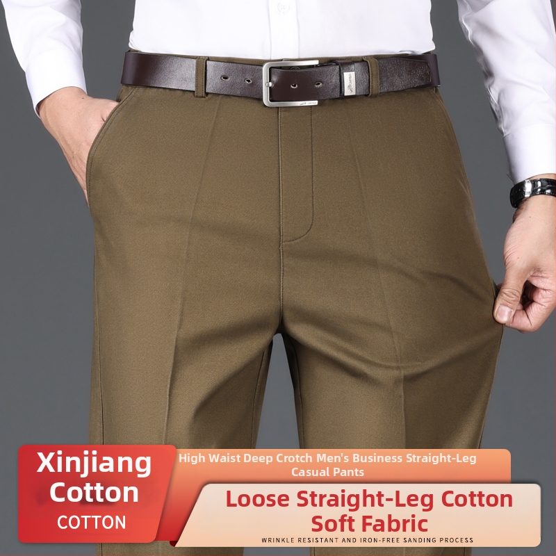 Férfi üzleti-kényelmes pamut nadrág, laza szabás, magas derék, cipzáras zárás, több zseb, téli vastag anyag