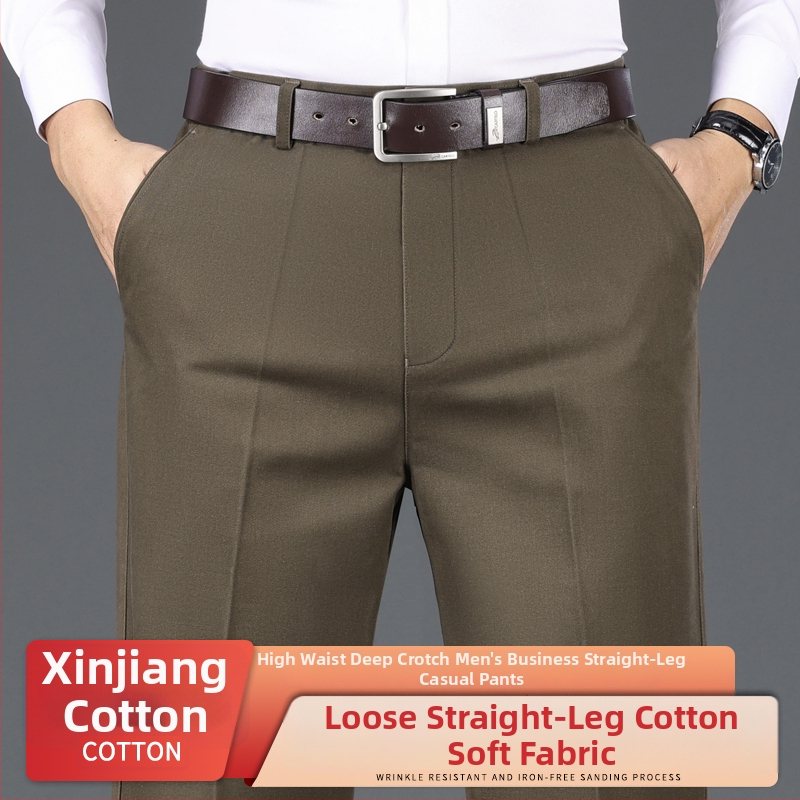 Férfi üzleti-kényelmes pamut nadrág, laza szabás, magas derék, cipzáras zárás, több zseb, téli vastag anyag