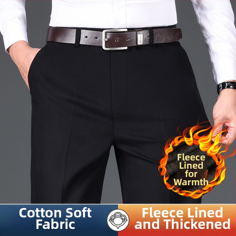 Férfi üzleti-kényelmes pamut nadrág, laza szabás, magas derék, cipzáras zárás, több zseb, téli vastag anyag