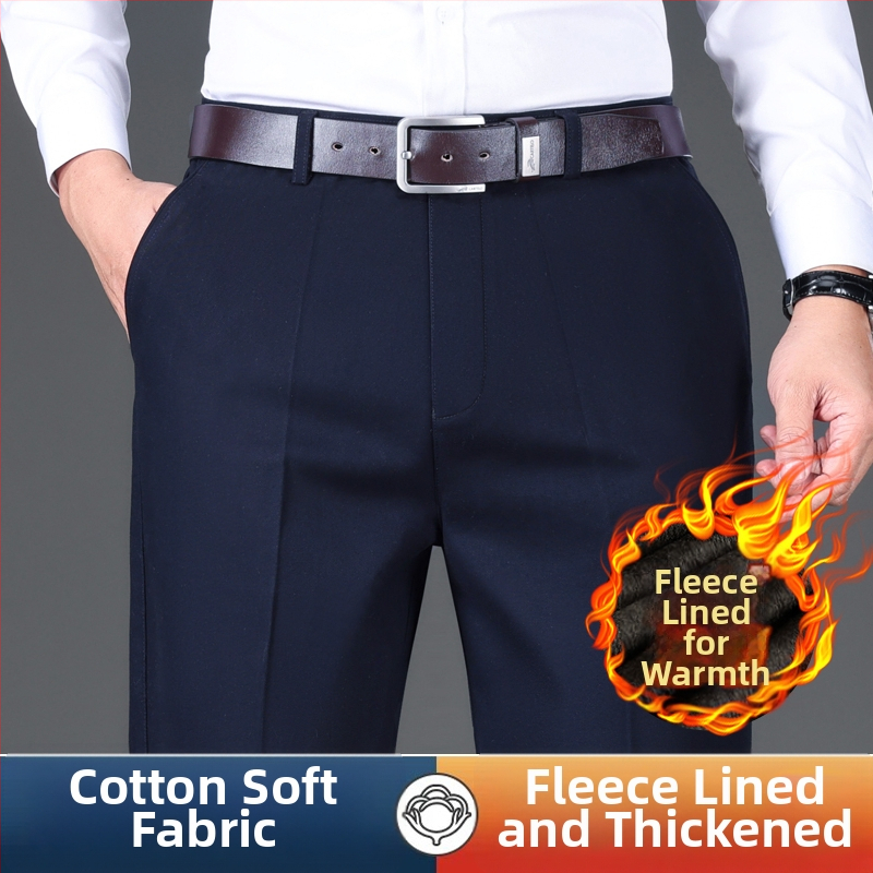 Férfi üzleti-kényelmes pamut nadrág, laza szabás, magas derék, cipzáras zárás, több zseb, téli vastag anyag