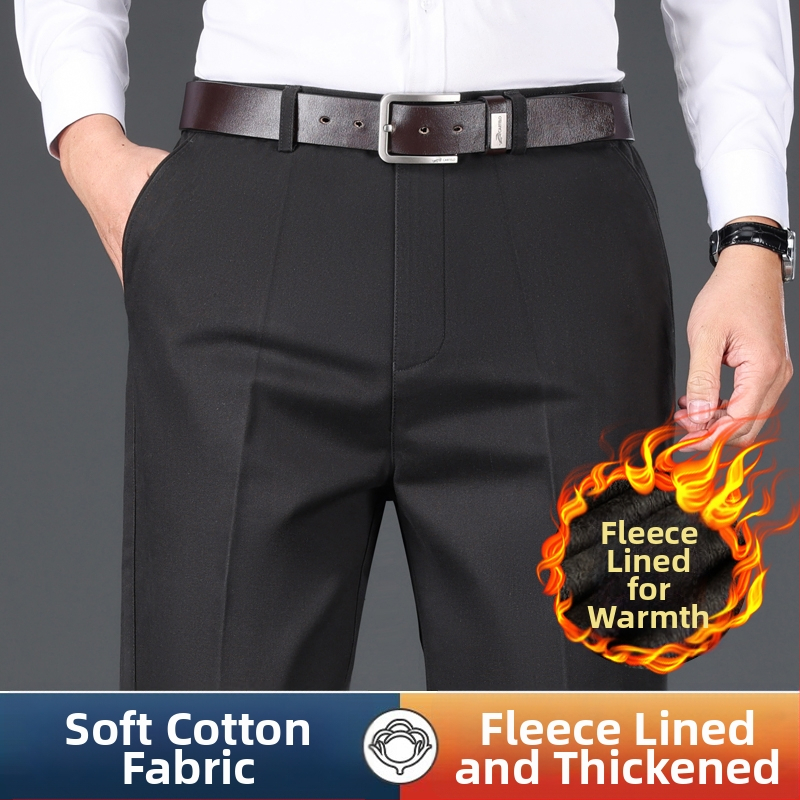 Férfi üzleti-kényelmes pamut nadrág, laza szabás, magas derék, cipzáras zárás, több zseb, téli vastag anyag