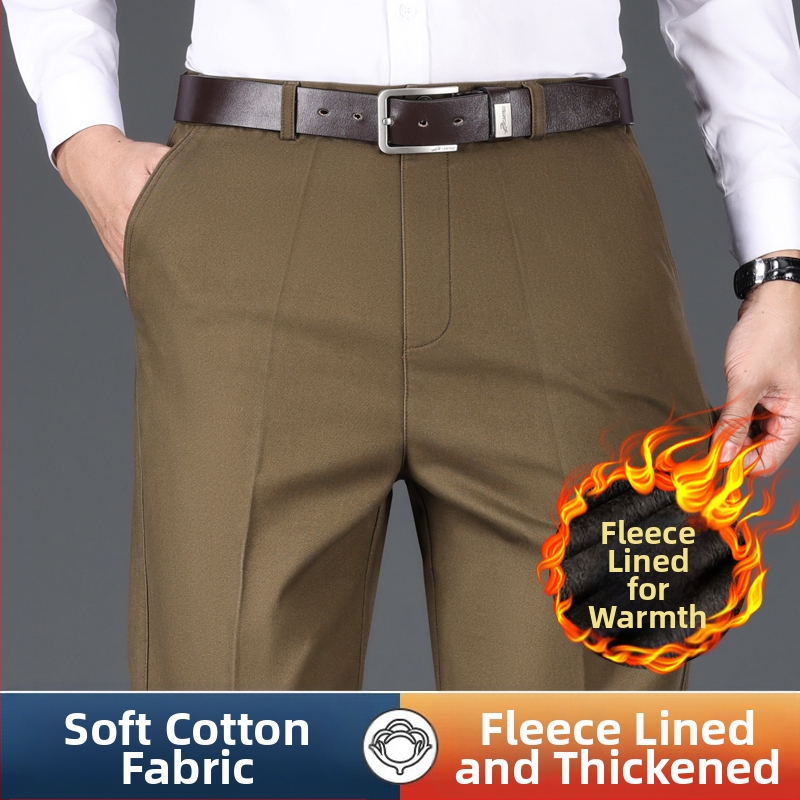 Férfi üzleti-kényelmes pamut nadrág, laza szabás, magas derék, cipzáras zárás, több zseb, téli vastag anyag