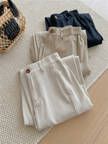 Női nadrág - magas derekú, cropped széles lábú, pamut-tencel keverék, japán-koreai laza stílus, őszi 2025 (Magas derekú; cropped széles lábú; pamut-tencel keverék)
