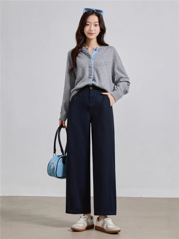 Női nadrág - magas derekú, cropped széles lábú, pamut-tencel keverék, japán-koreai laza stílus, őszi 2025 (Magas derekú; cropped széles lábú; pamut-tencel keverék)