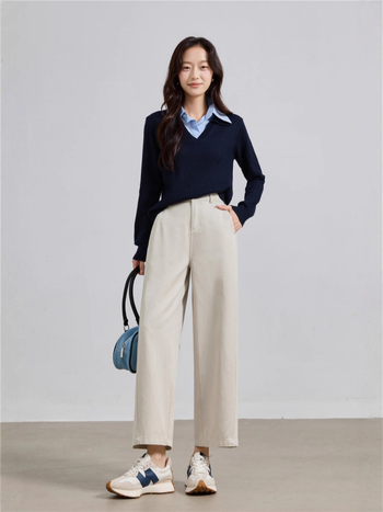 Női nadrág - magas derekú, cropped széles lábú, pamut-tencel keverék, japán-koreai laza stílus, őszi 2025 (Magas derekú; cropped széles lábú; pamut-tencel keverék)