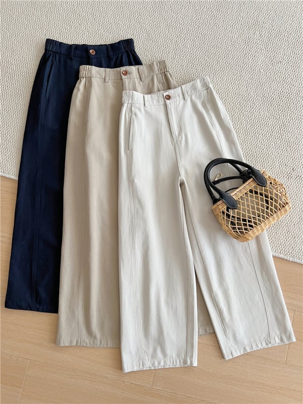 Női nadrág - magas derekú, cropped széles lábú, pamut-tencel keverék, japán-koreai laza stílus, őszi 2025 (Magas derekú; cropped széles lábú; pamut-tencel keverék)