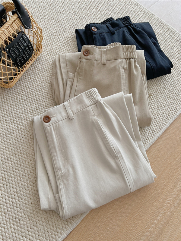 Női nadrág - magas derekú, cropped széles lábú, pamut-tencel keverék, japán-koreai laza stílus, őszi 2025 (Magas derekú; cropped széles lábú; pamut-tencel keverék)