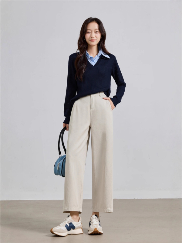 Női nadrág - magas derekú, cropped széles lábú, pamut-tencel keverék, japán-koreai laza stílus, őszi 2025 (Magas derekú; cropped széles lábú; pamut-tencel keverék)