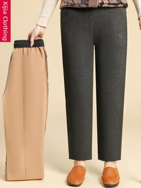 Pantaloni pentru femei de vârstă mijlocie cu căptușeală din fleece, groși pentru toamnă/iarnă 2025, croială lejeră dreaptă, poliester cu broderie