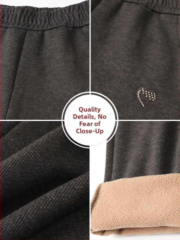 Mamoms skirtos kelnes su fliso pamušalu, storos rudens–žiemos laikotarpiui 2025, laisvas tiesus kirpimas, poliesterio audinys su siuvinėjimu