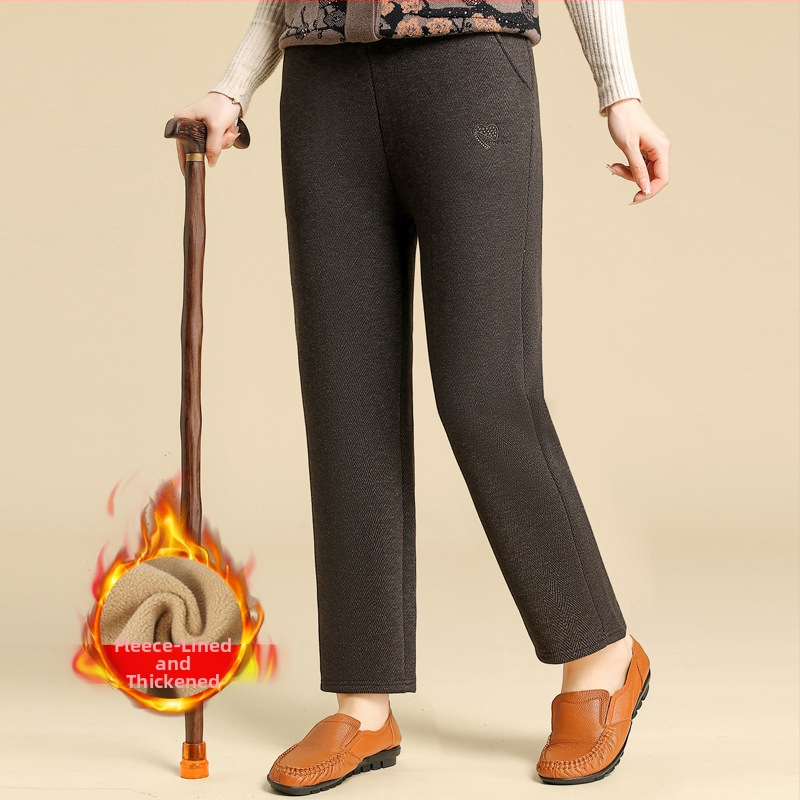 Pantaloni pentru femei de vârstă mijlocie cu căptușeală din fleece, groși pentru toamnă/iarnă 2025, croială lejeră dreaptă, poliester cu broderie