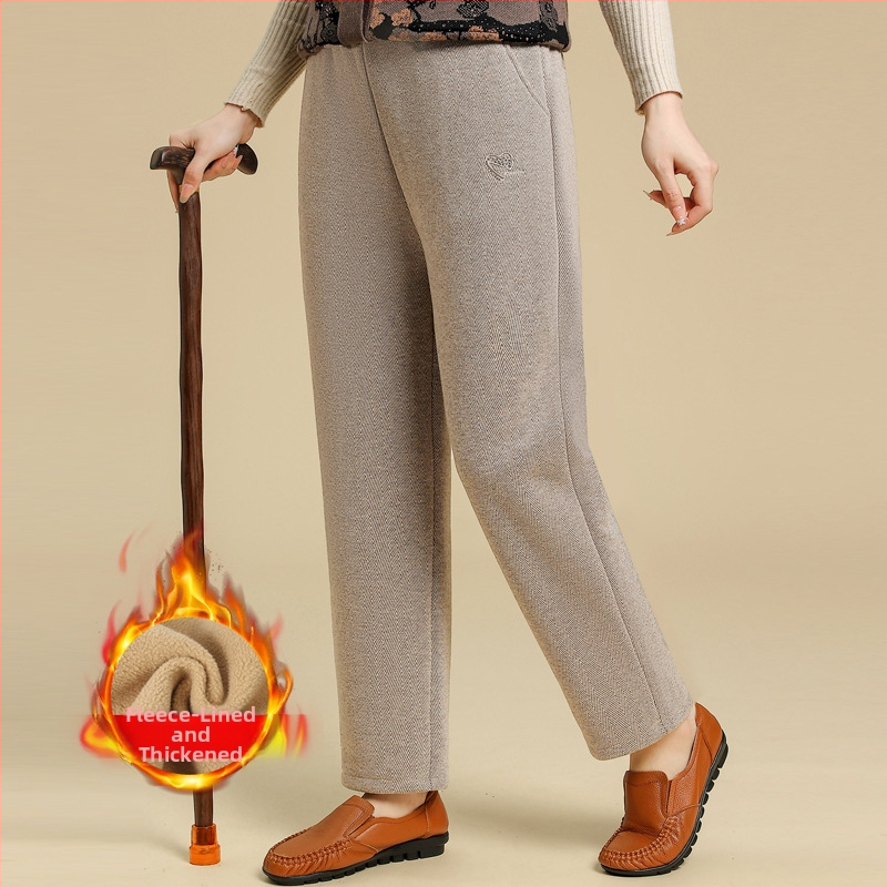 Pantaloni pentru femei de vârstă mijlocie cu căptușeală din fleece, groși pentru toamnă/iarnă 2025, croială lejeră dreaptă, poliester cu broderie