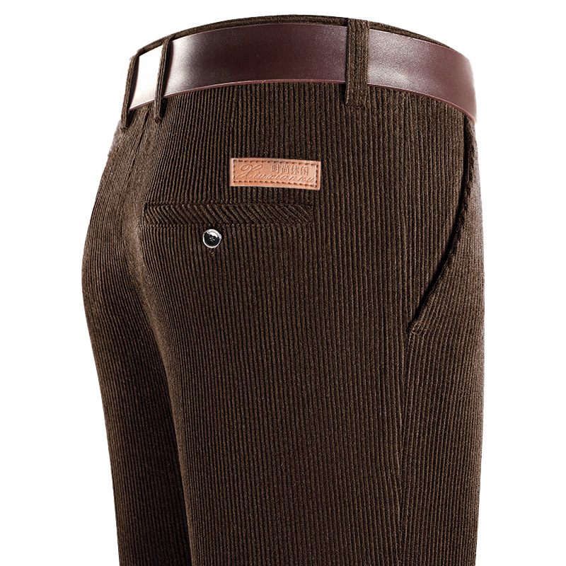 Corduroy топли мъжки панталони за зима, права кройка, средно висока талия, цип за закопчаване, множество джобове, микроеластичност, подплатени с флис, 100% полиестер Corduroy