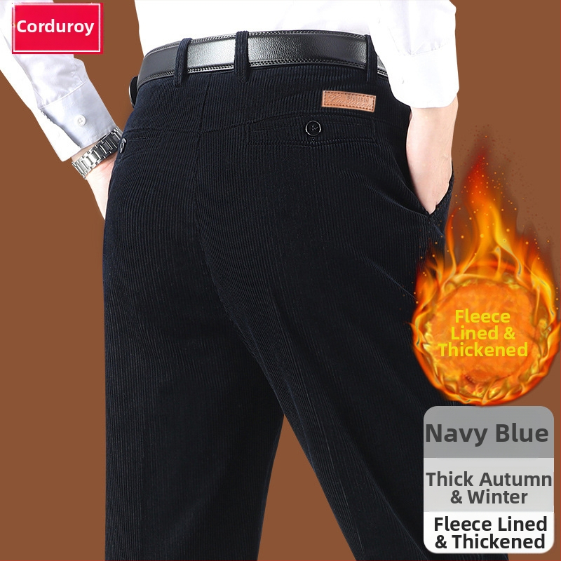 Corduroy топли мъжки панталони за зима, права кройка, средно висока талия, цип за закопчаване, множество джобове, микроеластичност, подплатени с флис, 100% полиестер Corduroy