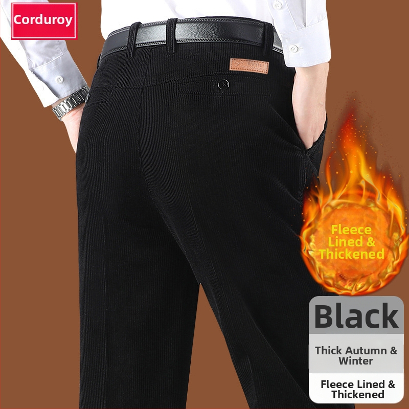 Corduroy топли мъжки панталони за зима, права кройка, средно висока талия, цип за закопчаване, множество джобове, микроеластичност, подплатени с флис, 100% полиестер Corduroy