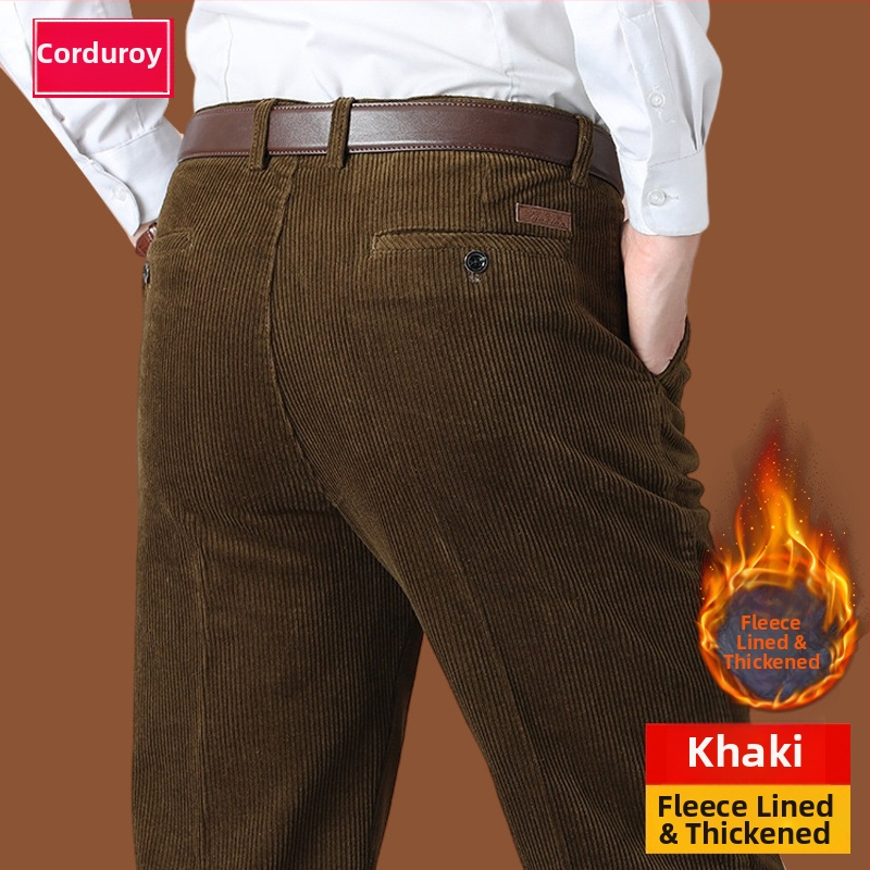 Corduroy топли мъжки панталони за зима, права кройка, средно висока талия, цип за закопчаване, множество джобове, микроеластичност, подплатени с флис, 100% полиестер Corduroy