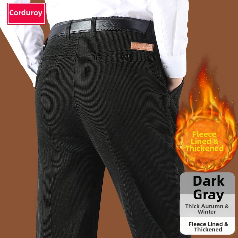 Corduroy топли мъжки панталони за зима, права кройка, средно висока талия, цип за закопчаване, множество джобове, микроеластичност, подплатени с флис, 100% полиестер Corduroy