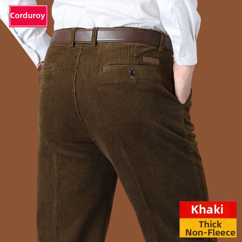Corduroy топли мъжки панталони за зима, права кройка, средно висока талия, цип за закопчаване, множество джобове, микроеластичност, подплатени с флис, 100% полиестер Corduroy