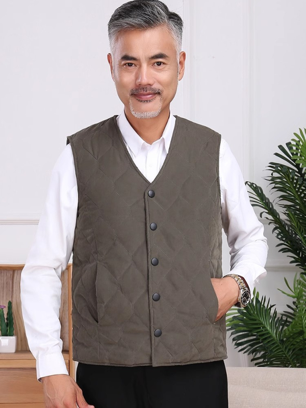 Férfi gyapjú mellény poliészter béléssel, V-nyak, vastag kialakítás, téli 2025