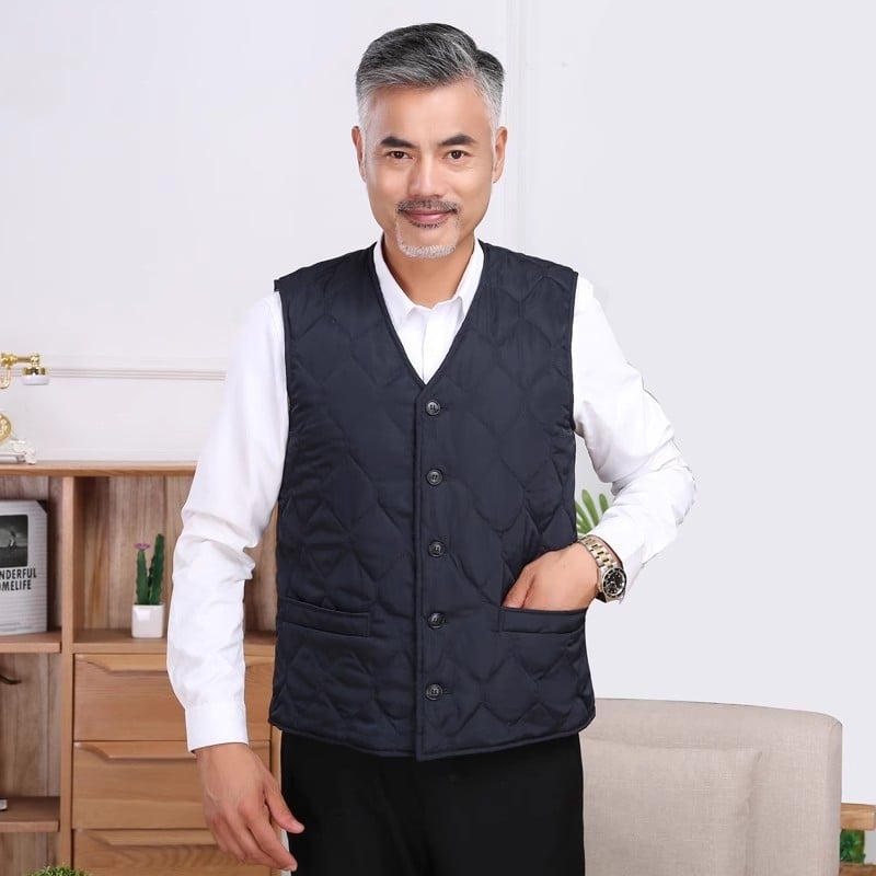 Férfi gyapjú mellény poliészter béléssel, V-nyak, vastag kialakítás, téli 2025